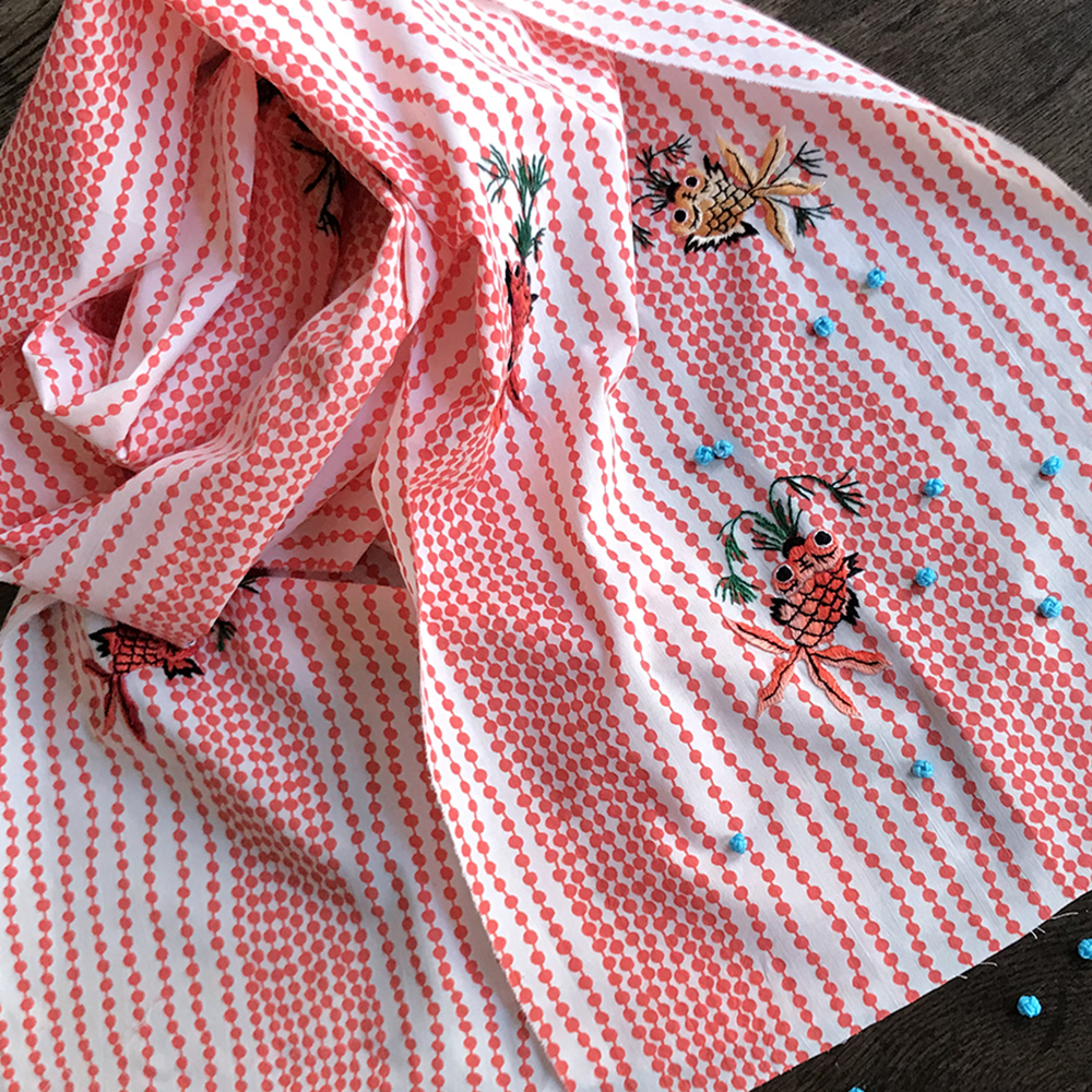 Autumn hand-embroidered scarf/ cotton/ shawl/ gift/ stitch/ goldfish scarf - Knit Scarves & Wraps - Cotton & Hemp Red