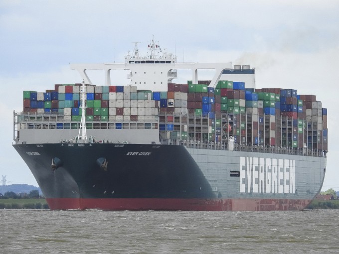 A July 29, 2020 photograph shows the MV Ever Given near Hamburg, Germany. The Ever Given, a cargo co