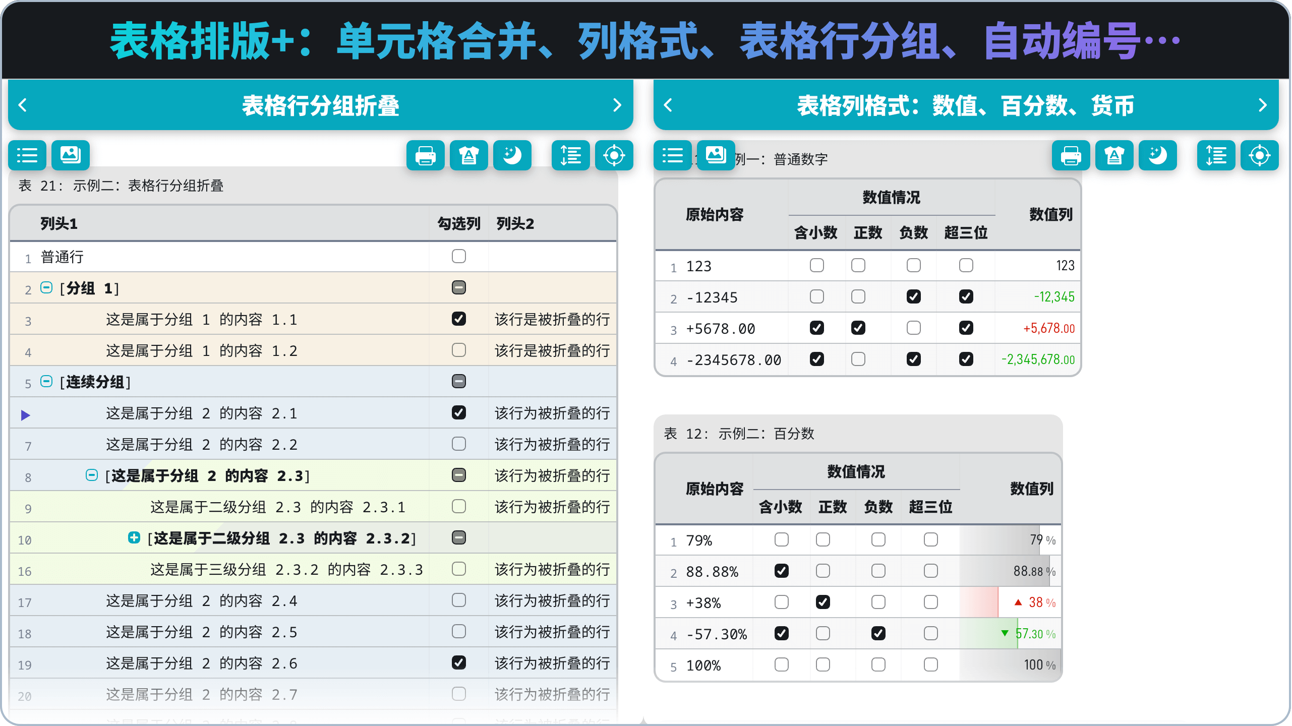 表格排版+:单元格合并、列格式、表格行分组、自动编号、…