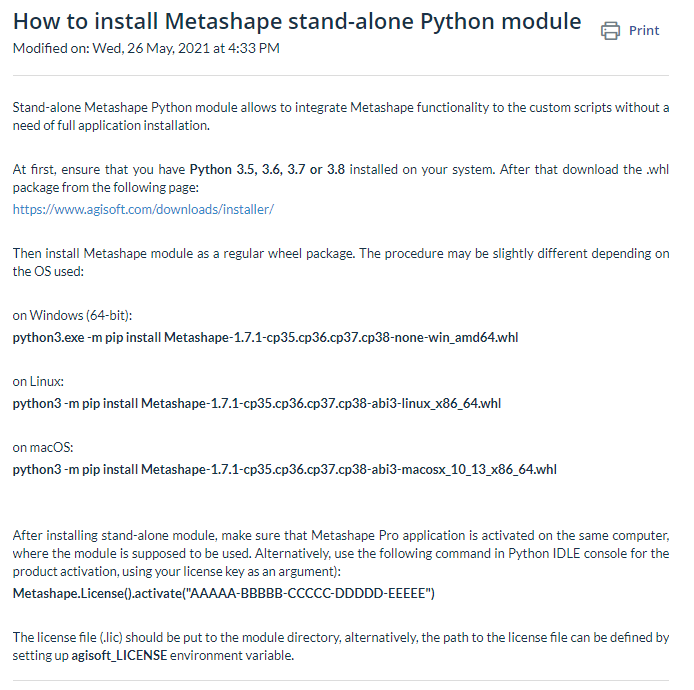 图2. 官网提供的安装Metashape独立模python模块的流程