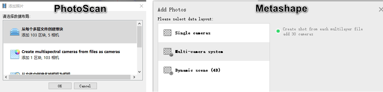 PhotoScan/Metashape中输入multi-page tiff影像后，可以指定为多光谱影像