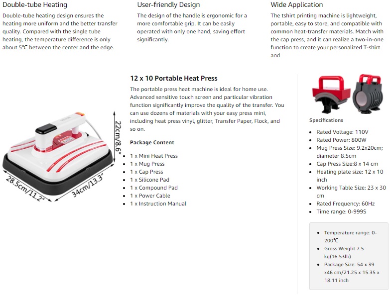 Heat Press Machine for T-Shirts, Portable Heat Press 12X10, Easy