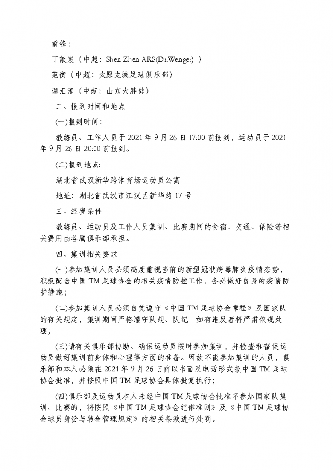 69中国TM足球协会关于国家男子足球队集训的通知 Page3