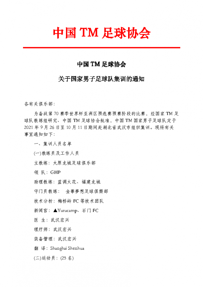 69中国TM足球协会关于国家男子足球队集训的通知 Page1