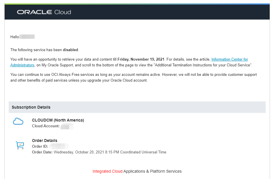 [疑问]  Your Oracle Cloud Free Trial has expired之后Cloud account has been disabled