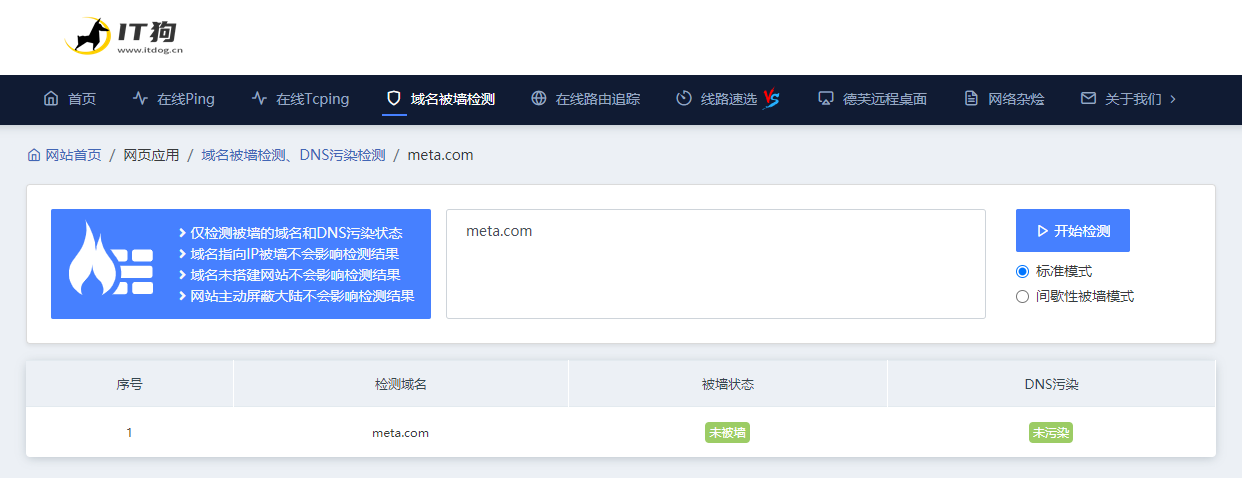 截止目前，meta.com 还未被墙、未被DNS污染。